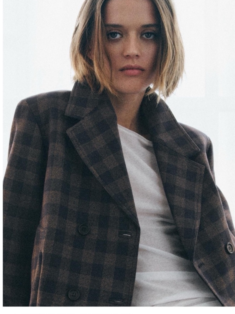 Zara Brown Checked Short Double Breasted Jacket